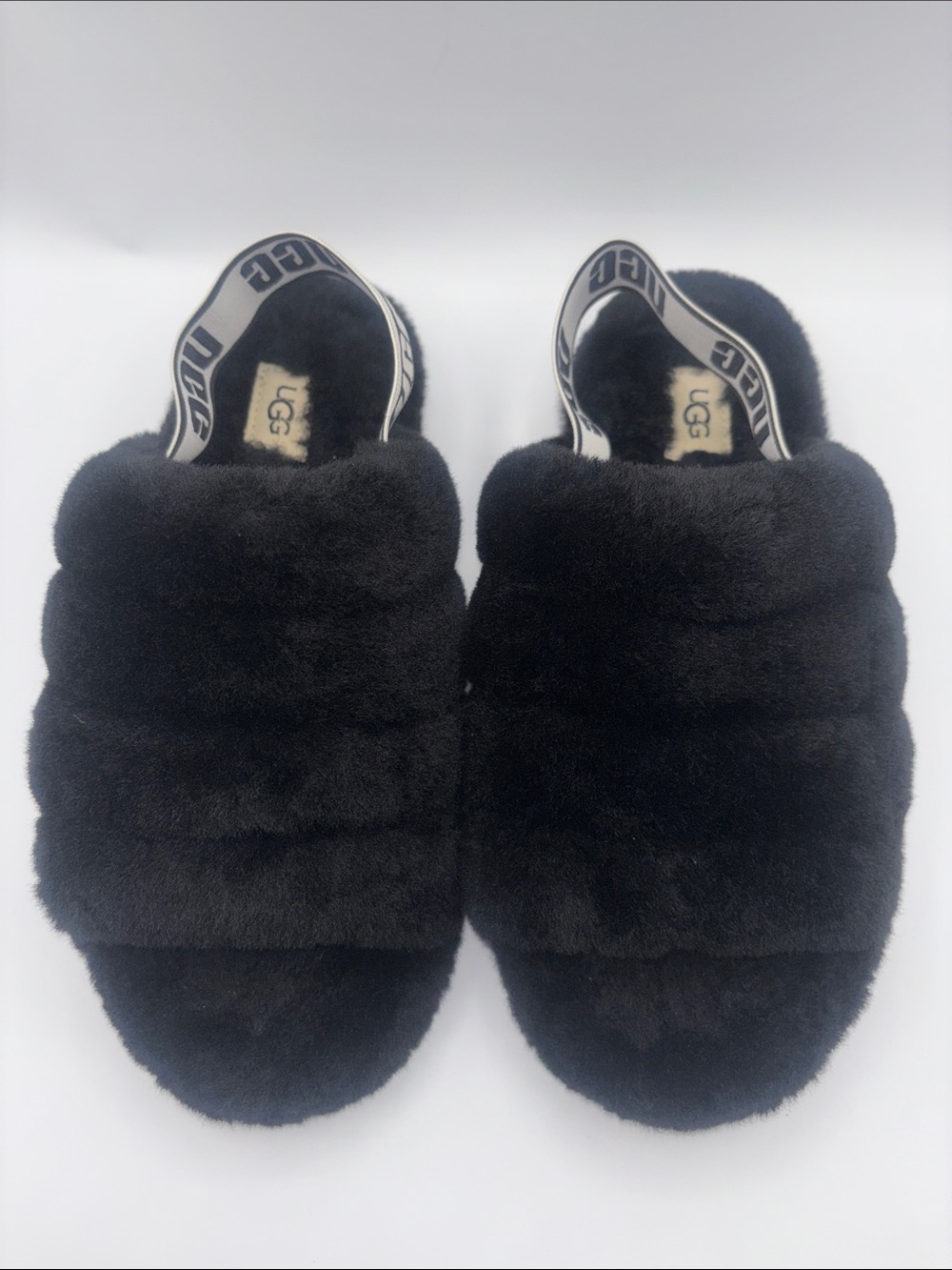 UGG Black Fluff Slide Slippers with Branded Heel Strap